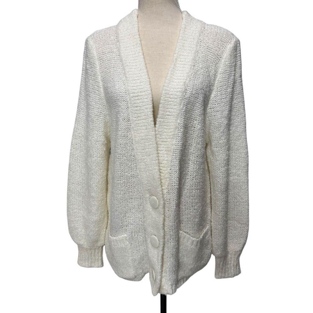Cozy Grandma Style Solid White Women's Button Up Cardigan Sweater size L pockets - Picture 3 of 10